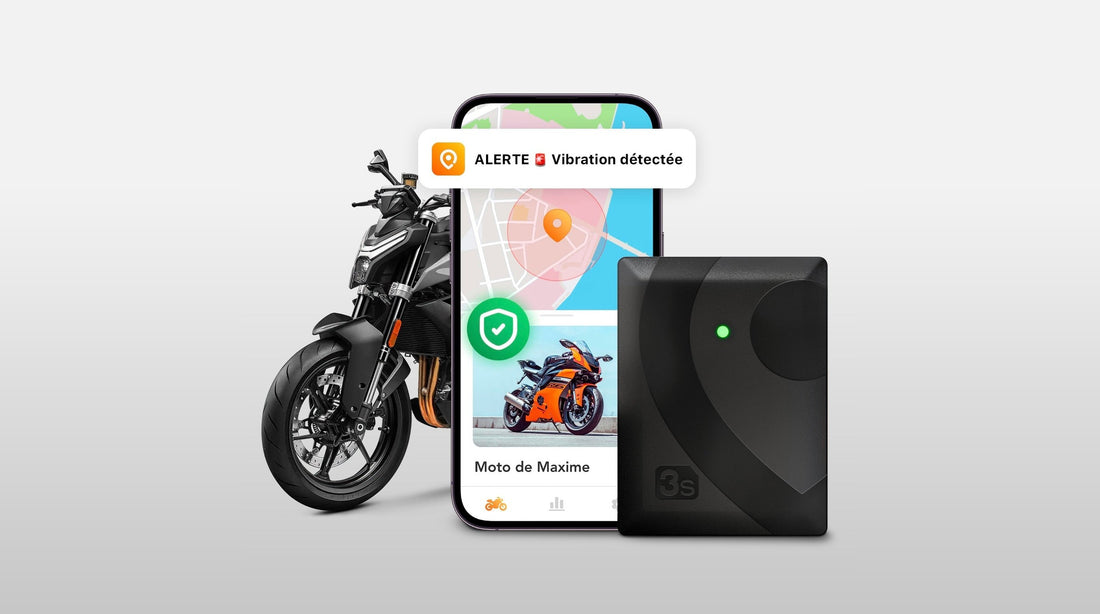 Le traceur GPS moto GeoRide 3s, l'alerte de vibration sur le téléphone et la moto protégée